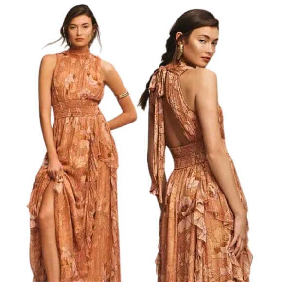 BHLDN NWT High-Neck A-Line Chiffon Gown Bronze Floral Print w/Metallic Accent L - Picture 1 of 15